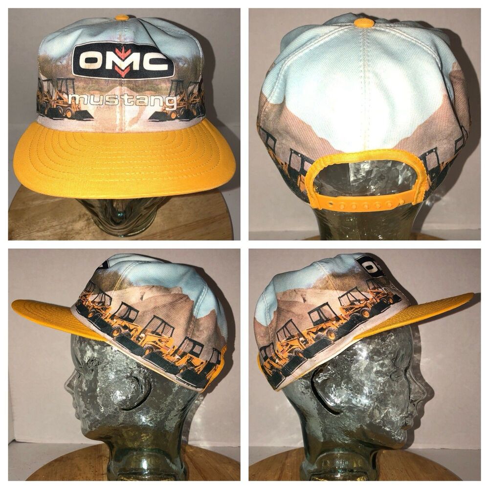 Vintage OMC MUSTANG 70s USA Louisville MFG CO ALL OVER GRAPHICS Hat Cap Snapback